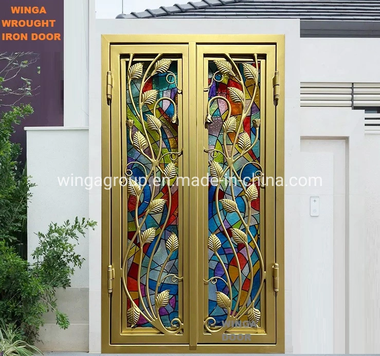 Colorful Glass Security Wrought Iron Metal Steel Entrance Front Door