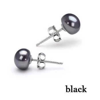 925 Sterling Silver &amp; Black botón Freshwater Pearl orejeras Pendientes Joyería