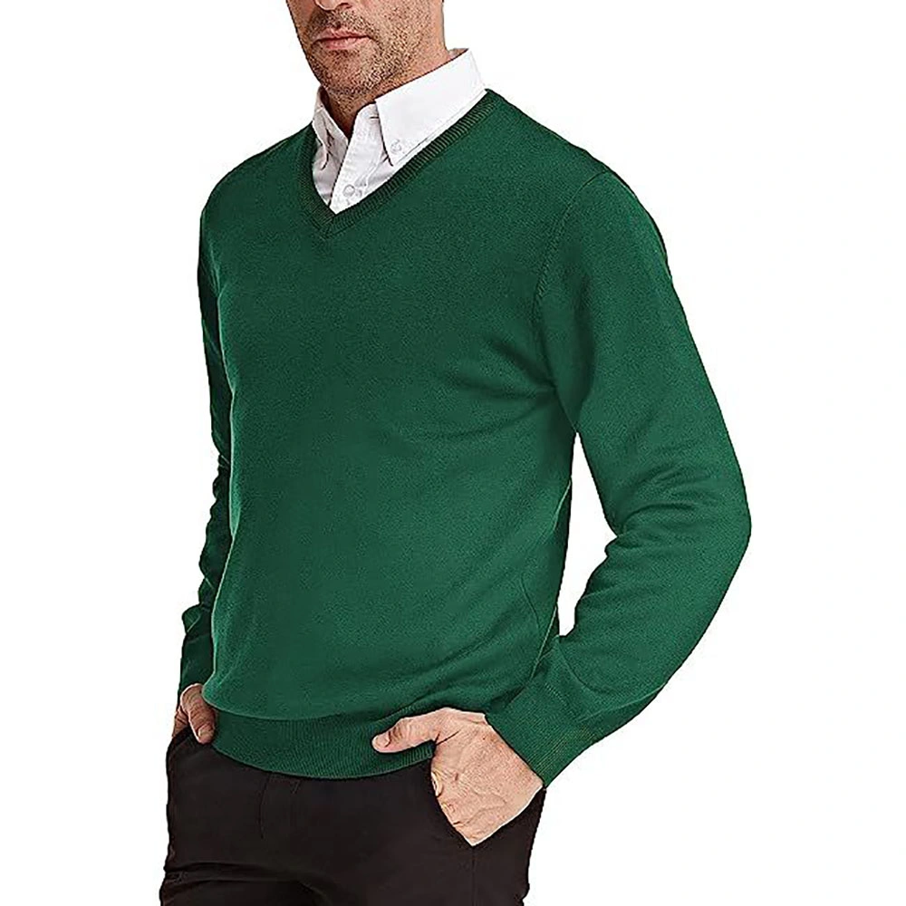 Camisola pullover de manga comprida clássica de camisolas com gola em V para homem