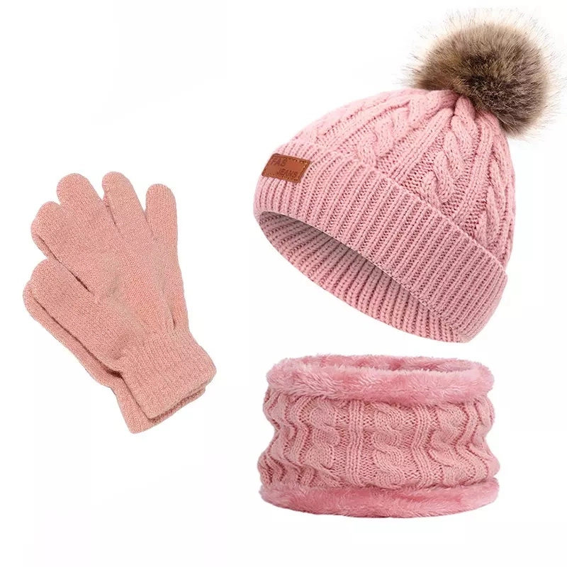 O bebé Hat define Faux Duplo macio quente de peles de Raccoon pompom party Knit Beanie Hat Toddler Kids chapéu de inverno em malha luva e Cachecol Definido