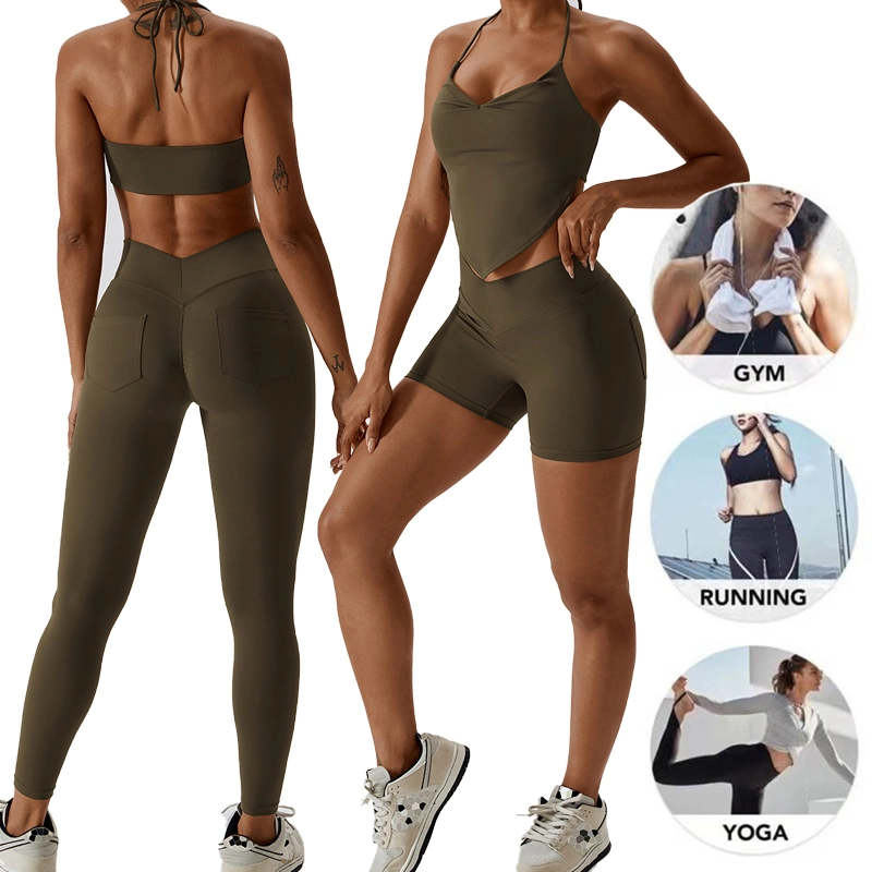 Großhandel Neue Fancy Backless Athletic Bekleidung mit Gesäßtaschen, Schnürung Workout BH + Scrunch Yoga Shorts + Running Leggings Damen Sommer Activewear-Sets