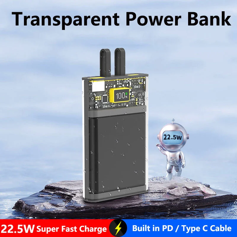 10000mAh Transparent Fast Charging Power Bank 22.5W Pd Portable External Spare Battery Pack for