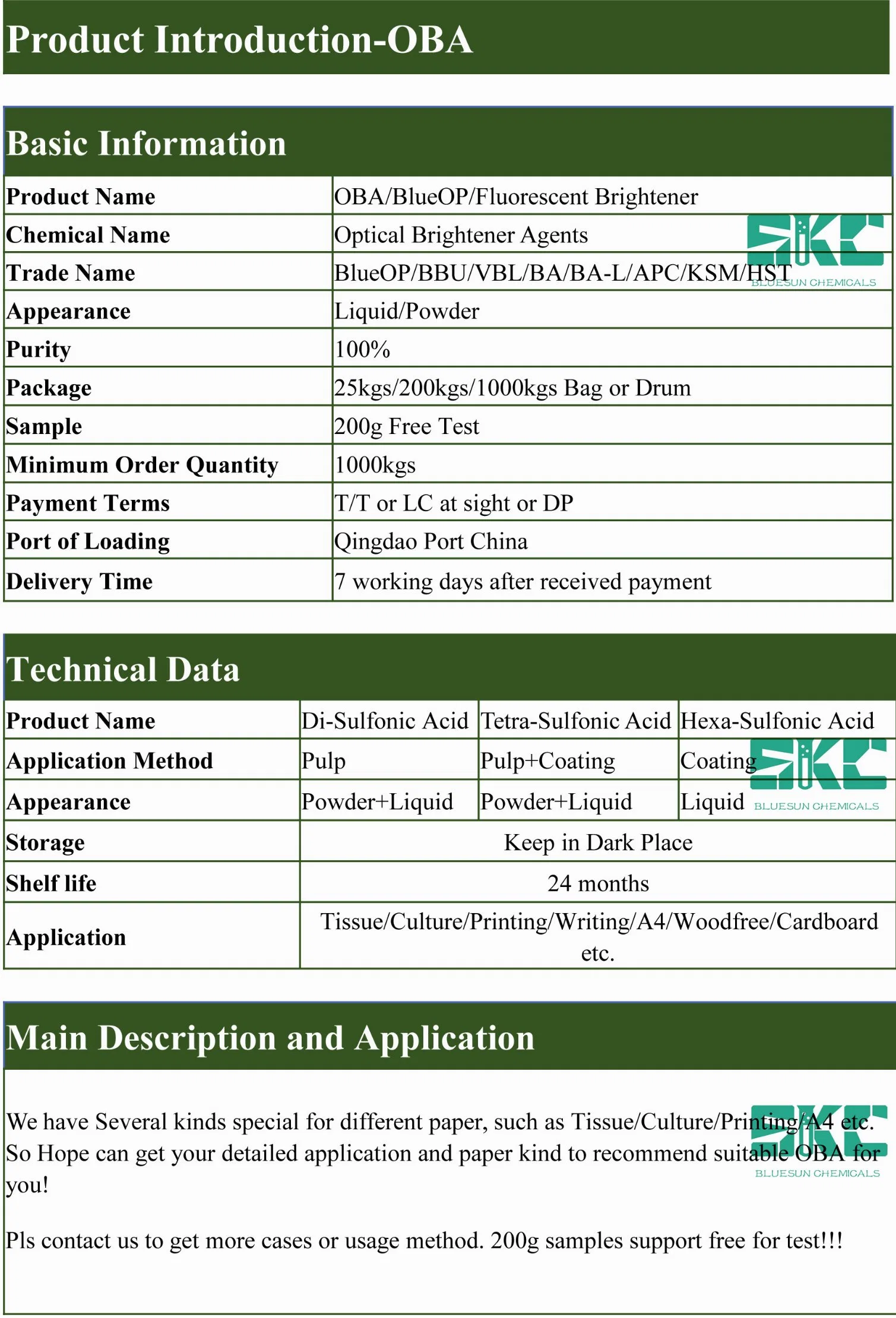 Oba/ Optical Brightening Agent/ Ba-L/ Bbu/ Papermaking