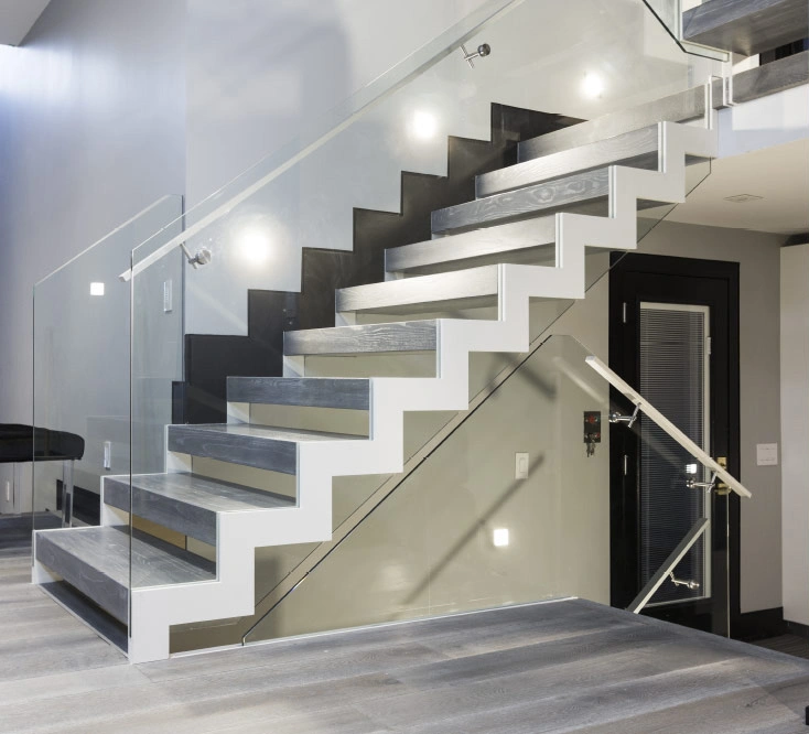 Double Steel Zig Zag Stringer Glass and Wood Step Staircase