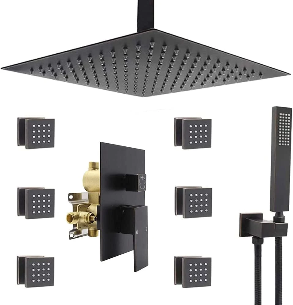 Oil Rubbed Bronze Shower System-16-Inch Ceiling Square Rainfall Shower Head and Handheld Shower with Shower Body Jets, Anti-Scalding Pressure Balance Valve