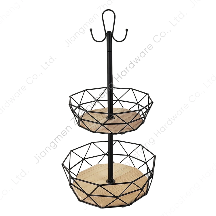 Countertop Bamboo Bottom Wire Storage Holder Stand Metal Fruit Basket with Banana Hanger