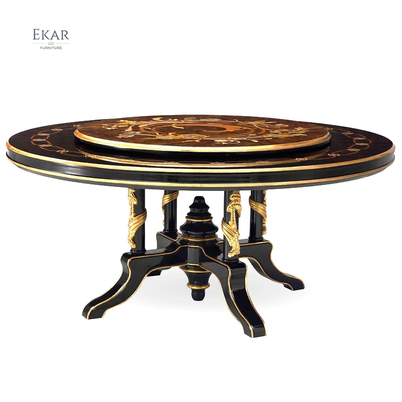 Classic Luxury Dining Room Suites Veneer Countertop Wooden Rotating Round Dining Table and Chair Set