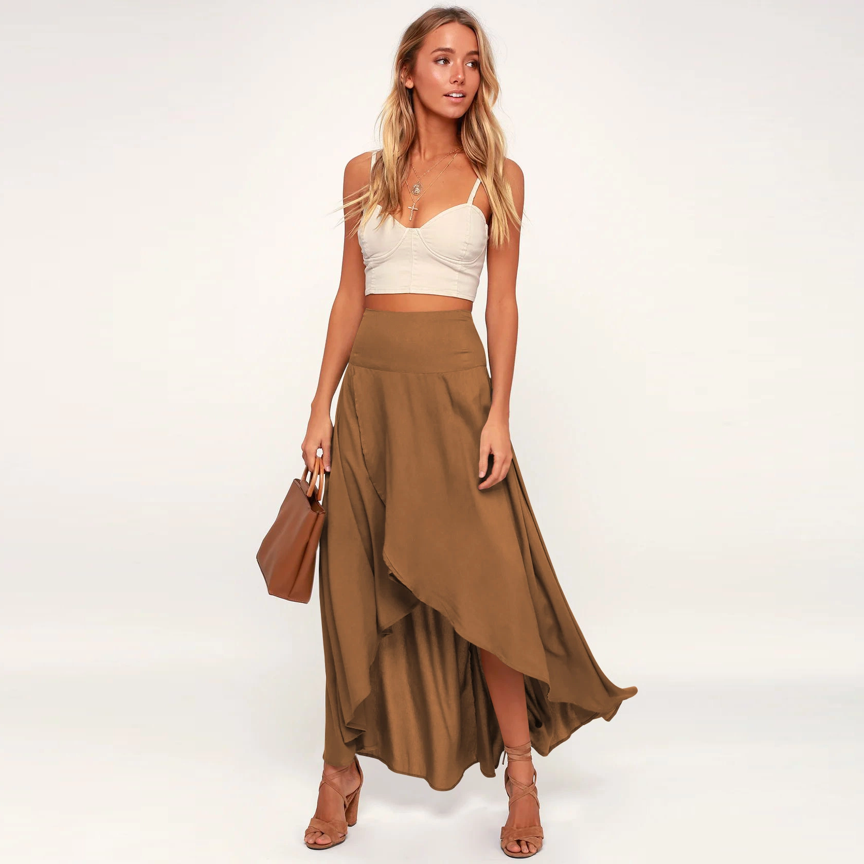 Women's High Low Maxi Skirts Asymmetrical Elastic High Waist Long Draped Tulip Hem Skirt