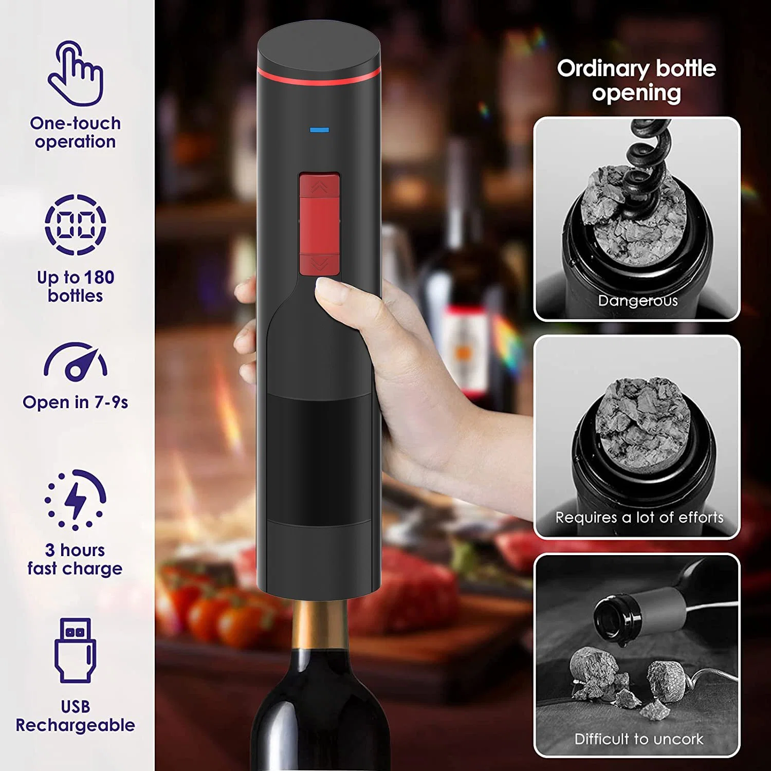 Mejor Venta recargable portátil Juego único automático Cork Electric botella Abridor de surcos