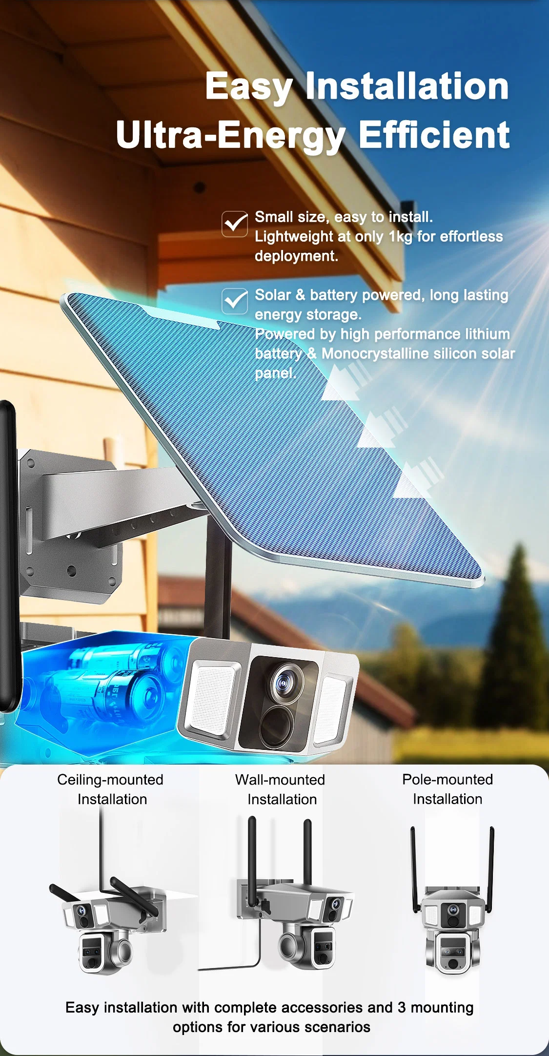 WiFi Triplelens 10X Zoom Dual Network in One Adapt to Multiple Scenarios Solar Camera Bullet and PTZ Smart Linkage 4G Cat1 and WiFi 6 Auto Focus Tracking Camera