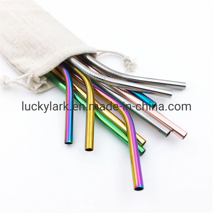 Wholesale/Supplier High quality/High cost performance  Reusable 304 Metal Custom Logo 6mm Colorful Cocktail Stainless Steel Drinking Straw Set with Brush Cleaner Bag Plastic Gift Box