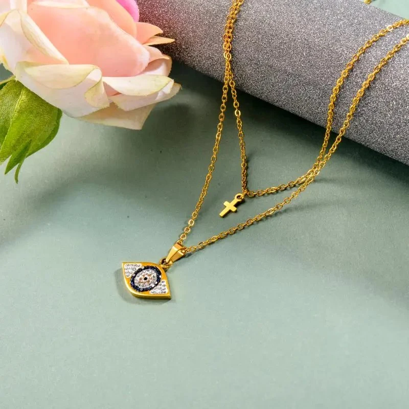 Trendy Blau Strass Kristall Türkis Herz Runde Halskette Vergoldet Halskette Edelstahl Evil Eye Halskette