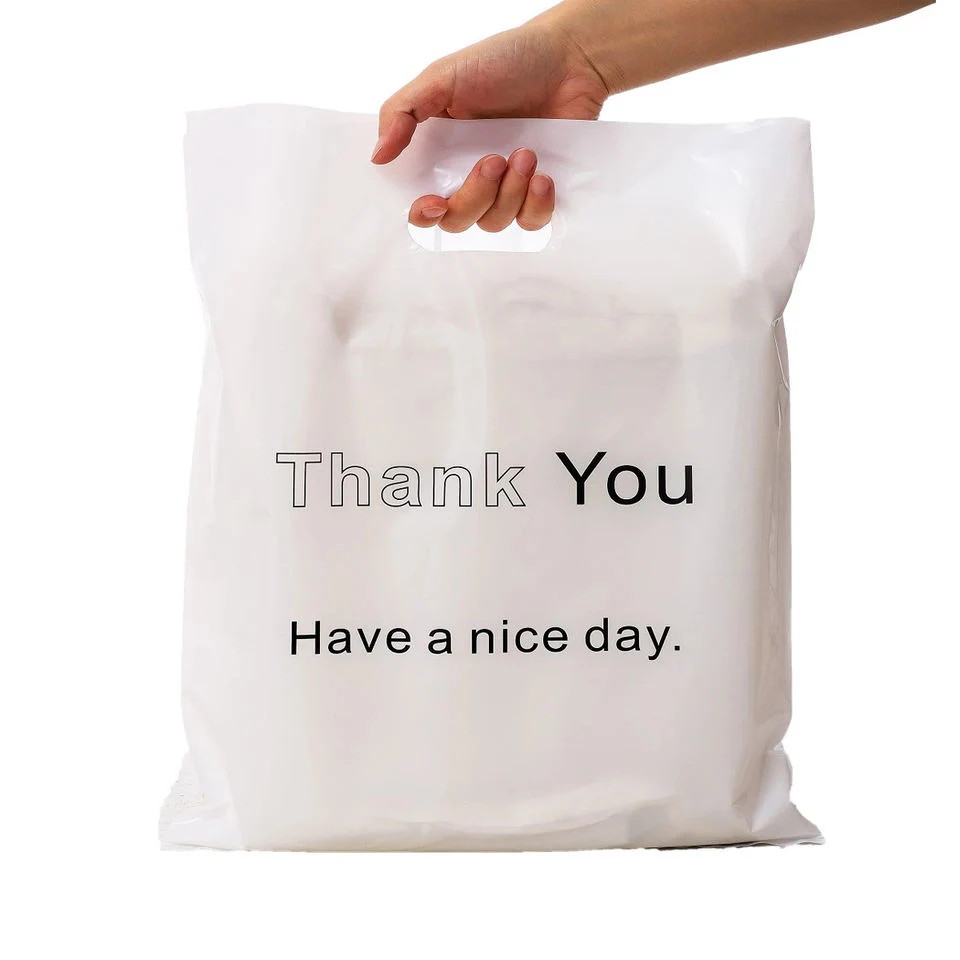 Custom Wholesale Business Thank You White Plastic Bags 50 Pack with Die Cut Handle Shopping Bags for Perfume
