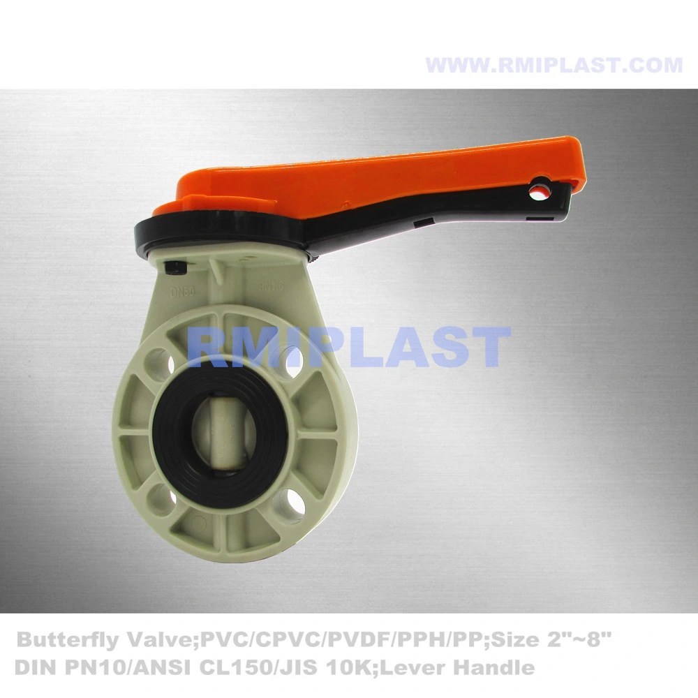 Plastic Butterfly Valve with PP Pph Body Disc EPDM FPM Seat Seal Wafer Flange ANSI #150 DIN Pn10 JIS 10K BS Manual Operate Hand Lever for Chemical Industry