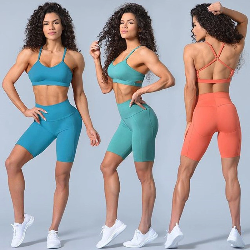 Frauen Suumer Yoga Anzug Strapshalter BH und Shorts Sets Sport Fitnessanzüge Nahtlose Hüftheber-Leggings Yoga-Kleidung QS1259