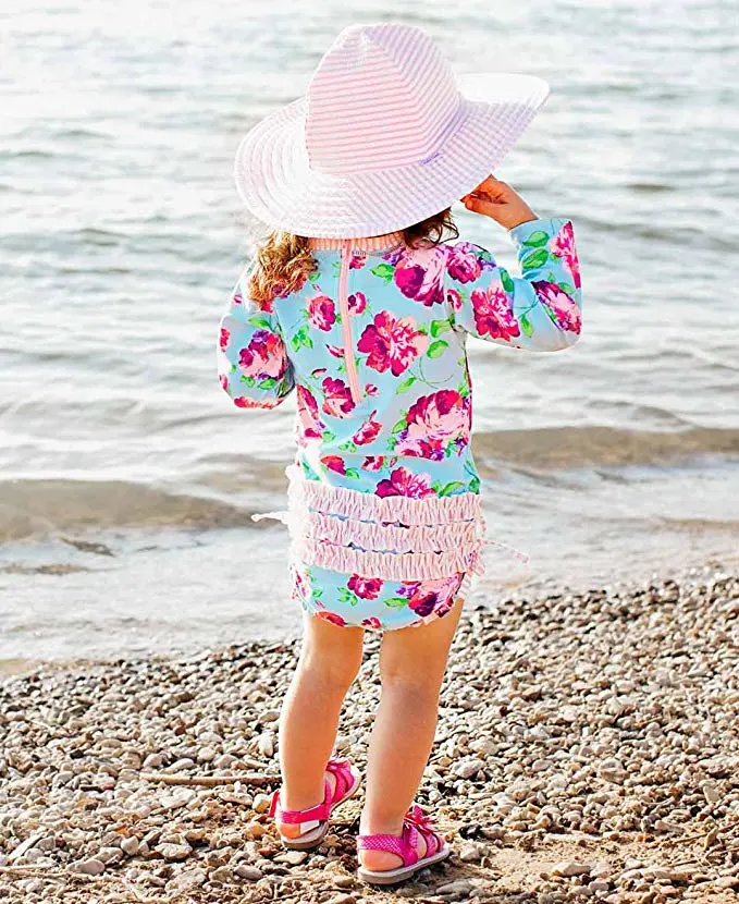 Baby/Toddler Girls Upf 50+ Sun Protection Long Sleeve One Piece Summer Clothing with Zipper Butterfly Lace Printed Swimsuit