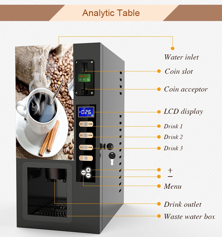 Máquina expendedora de té y café de alta calidad, operada con monedas, con 3 tipos diferentes de opciones automáticas