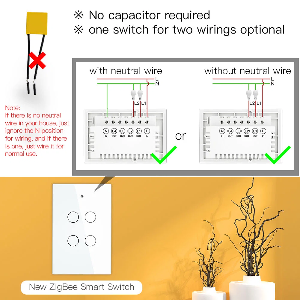 Metal Frame Tuya Smart Switch No Neutral No Capacitor Zigbee Light Interruptor Relay 1gang 2gang 3gang 4gang