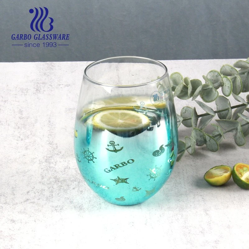 Electroplated Green Color Glass Cups 550ml Customized Color Carved Designs Stemless Wine Glasses Egg Shape Glass Cup