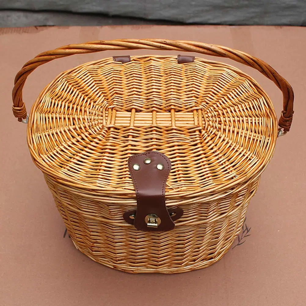 Hand-Made Front Handlebar Wicker Bike Basket with Cover Adjustable Strip Natural