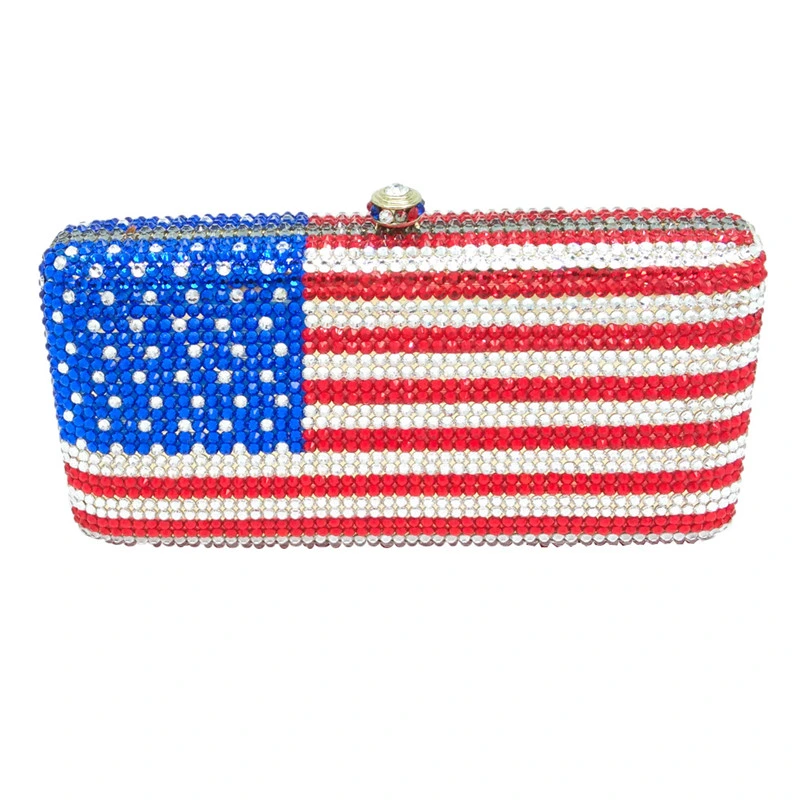 Leb1402 USA American Flag Pattern Women Diamond Clutch Handbags Mini Rhinestone Bling Purse Evening Bag Crystal