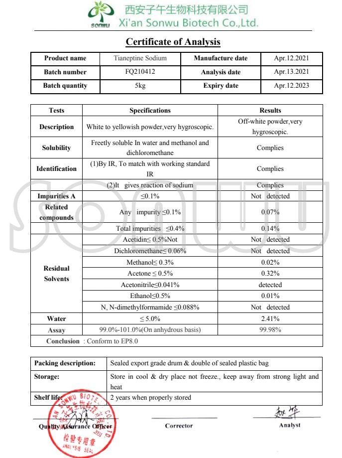 Sonwu Supply Antidepressant Powder CAS 30123-17-2 Tianeptine Sodium