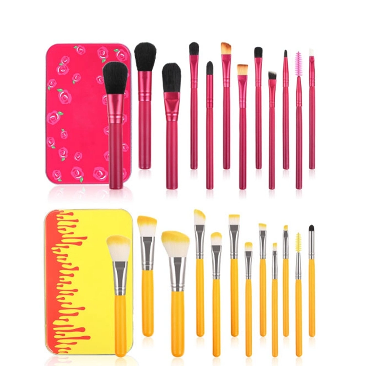 12PCS Synthetic Hair Makeup Brush Kit High Quality Professional Cosmetic Wooden Handle Makeup Brush Set with Aluminum Box