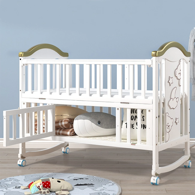 European Style New Zealand Pine White Baby Crib Splicing Bed