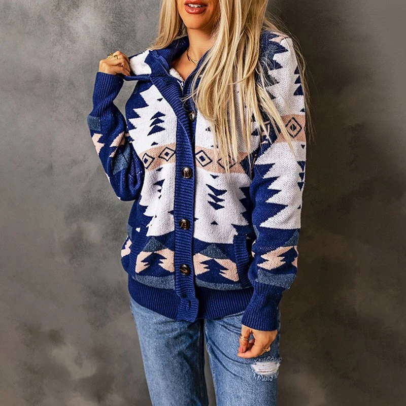 Dear-Lover Aztec Retro Jacquard Pattern Buttoned Front Hooded Cardigan Sweater