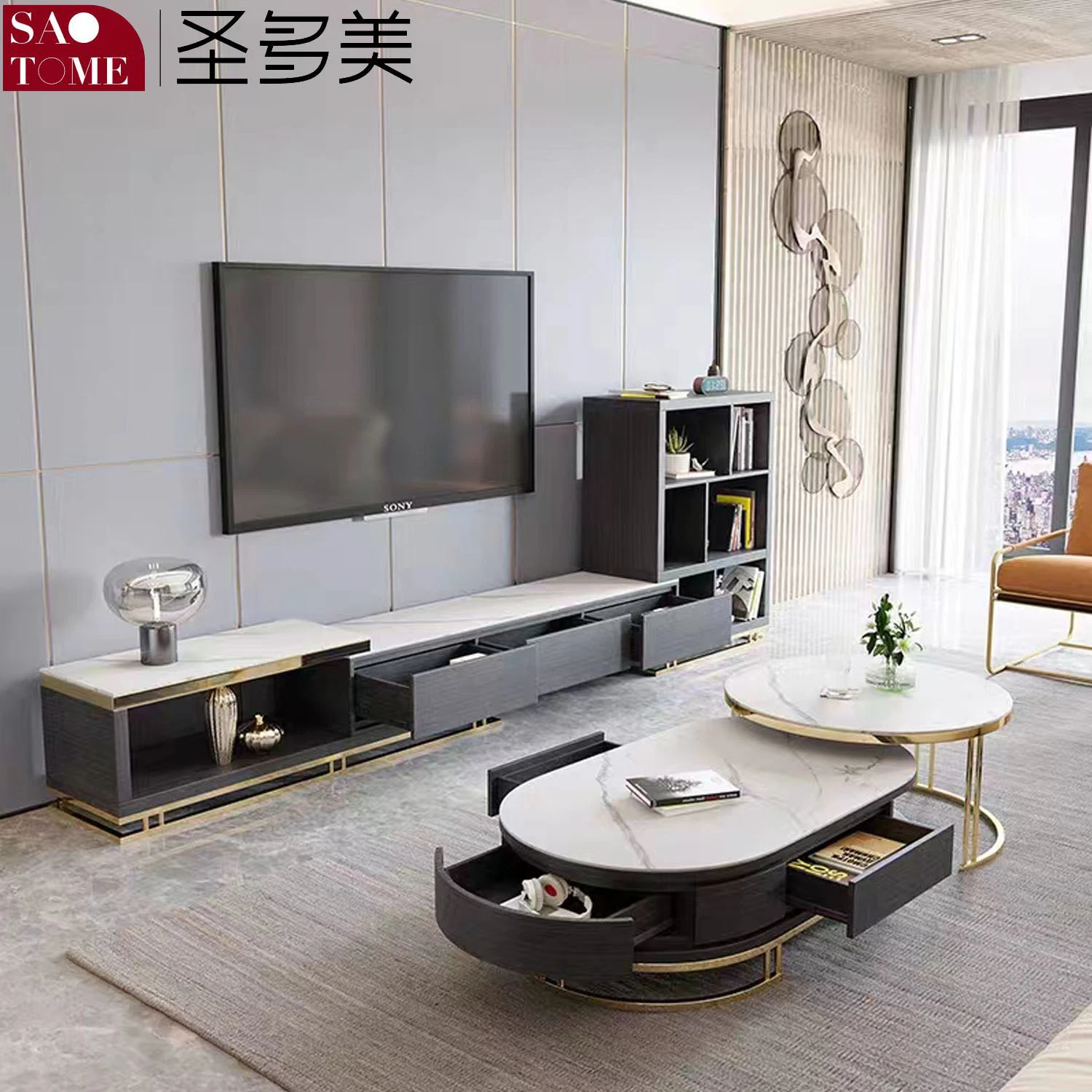 Table basse en plaque de roche moderne, meuble TV, buffet, combinaison de table basse ronde en fer, mobilier de salon.