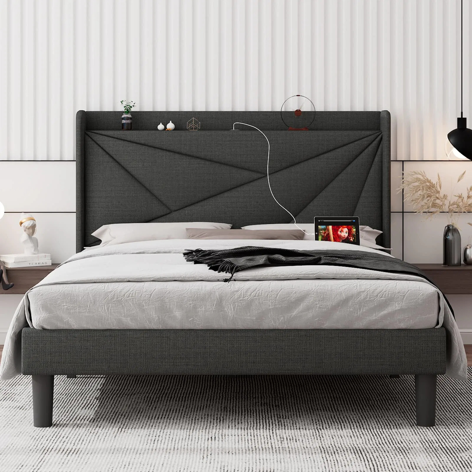 King Size Upholstered Platform Bed Frame with Type C & USB Ports and Storage Headboard