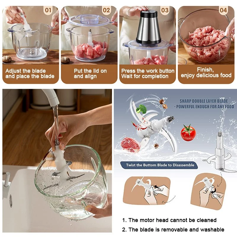 El picador de electrodomésticos fabricante de alimentos con acero inoxidable Bowlhome usar Mini picadora alimentos