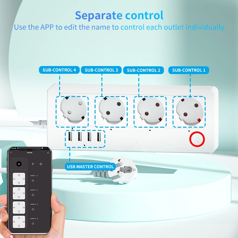 Tomada de faixa de potência inteligente WiFi Tuya eu tipo 16A 4 As tomadas com 4 portas USB com o Monitor de Energia funcionam com Assistente Google Alexa