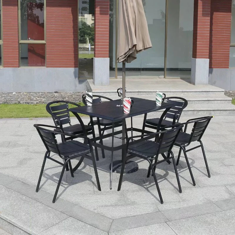 Mesa rectangular francesa Bistro y silla Restaurante moderno Patio comedor Set plástico Madera Top Jardín moderno Muebles al aire libre