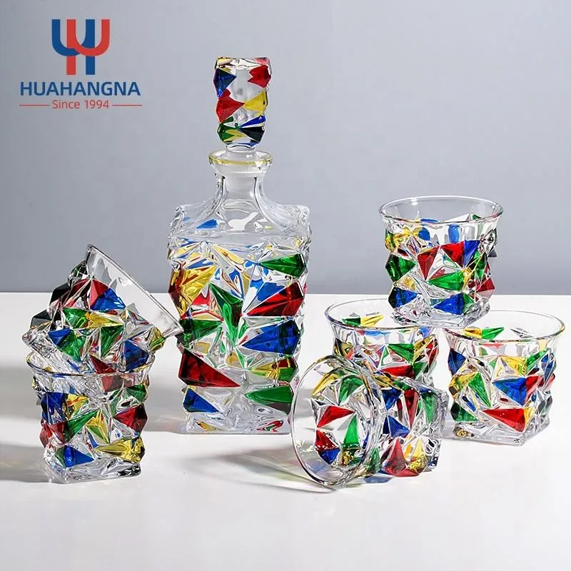 Huahangna 7 Pieces Unique Hand Crafted Decoration Barware Wine Glass Liquor Decanter Set with 6 Colored Whisky Glasses for Party Wedding Event Promotion