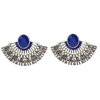 Fashion Lady Vintage Crystal Stone Stud Hollow out Short Fan Shape Earrings