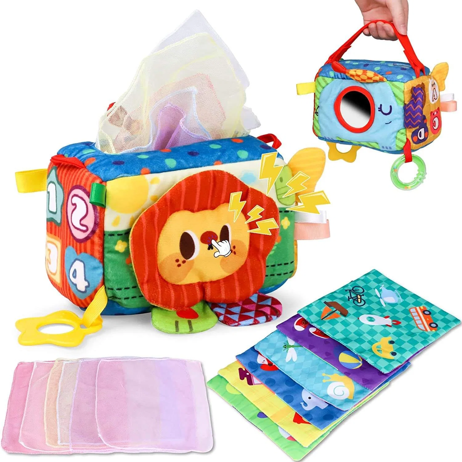 Hot Selling Baby Kids Tissue Box Toy with Teether Rattle Tags Montessori Sensory Toys for Toddler Infants Newborns