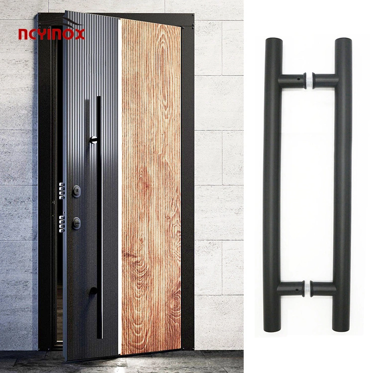 Barra redonda en forma de D manijas de madera para puertas de aluminio frontal principal Puerta Acero inoxidable Negro tirador de cristal de puerta