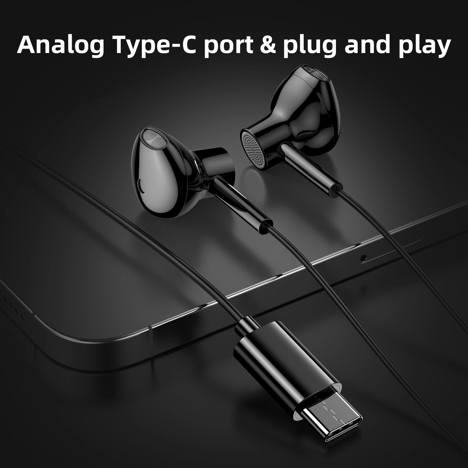 Semi-in-Ear Type-C Wired Headset High Sound Quality Headphone Earphone with Microphone - Black