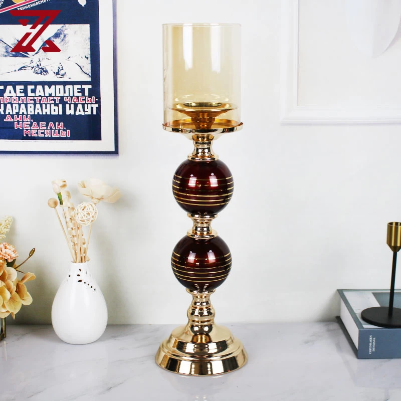 Juego de 2 velas de oro y metal rojo al por mayor Con portavelas decorativo metálico de vidrio Chimney