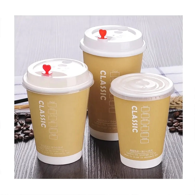 Factory Stock Disposable 12oz Kraft Double Wall Paper Coffee Cafe Cups