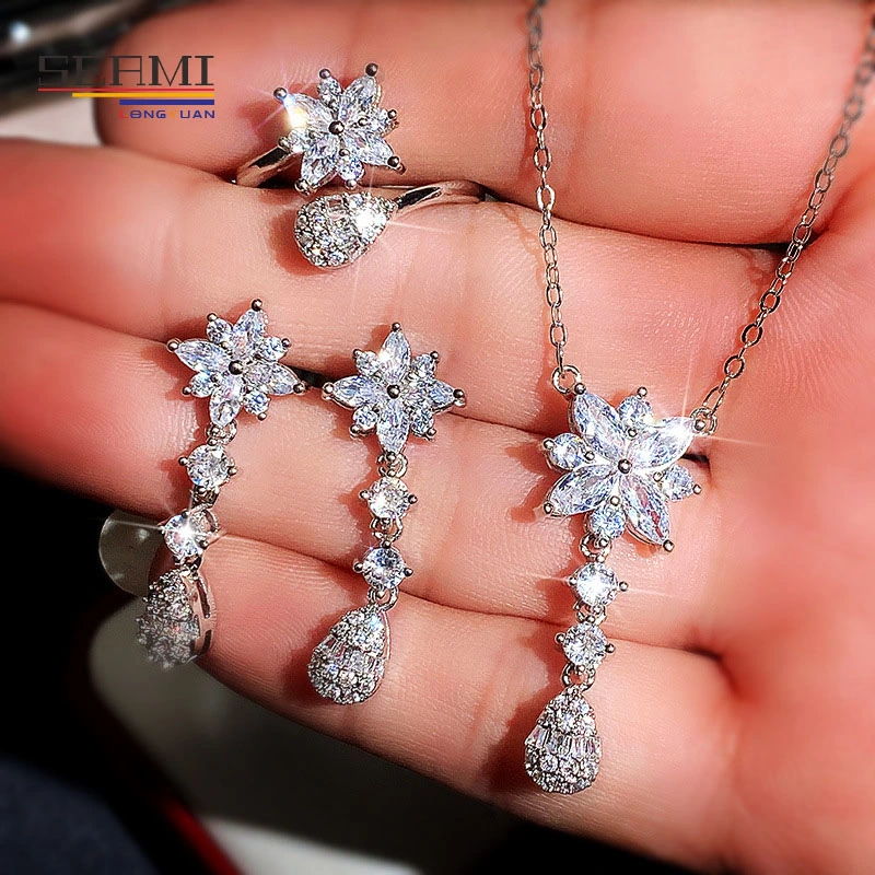 Flower Waterdrop Zircon Necklace Earrings Ring Bridal Jewelry Set