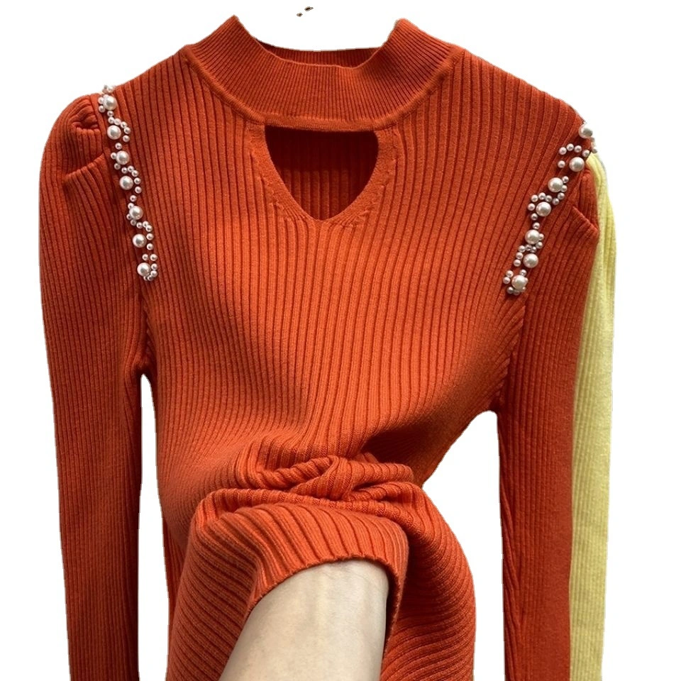 Hollow out Slim Knit 2023 Autumn New Beaded Sweater Female Hanging Neck Foreign Style Bottoming Shirt Design Sense of Top