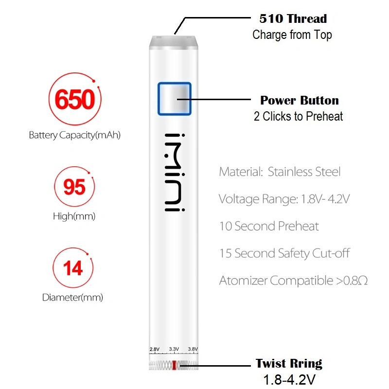 Custom OEM VAPE Pen 650mAh batería con voltaje de precalentamiento ajustable Para 510 rosca cartuchos desechables Vaporizer Precio al por mayor