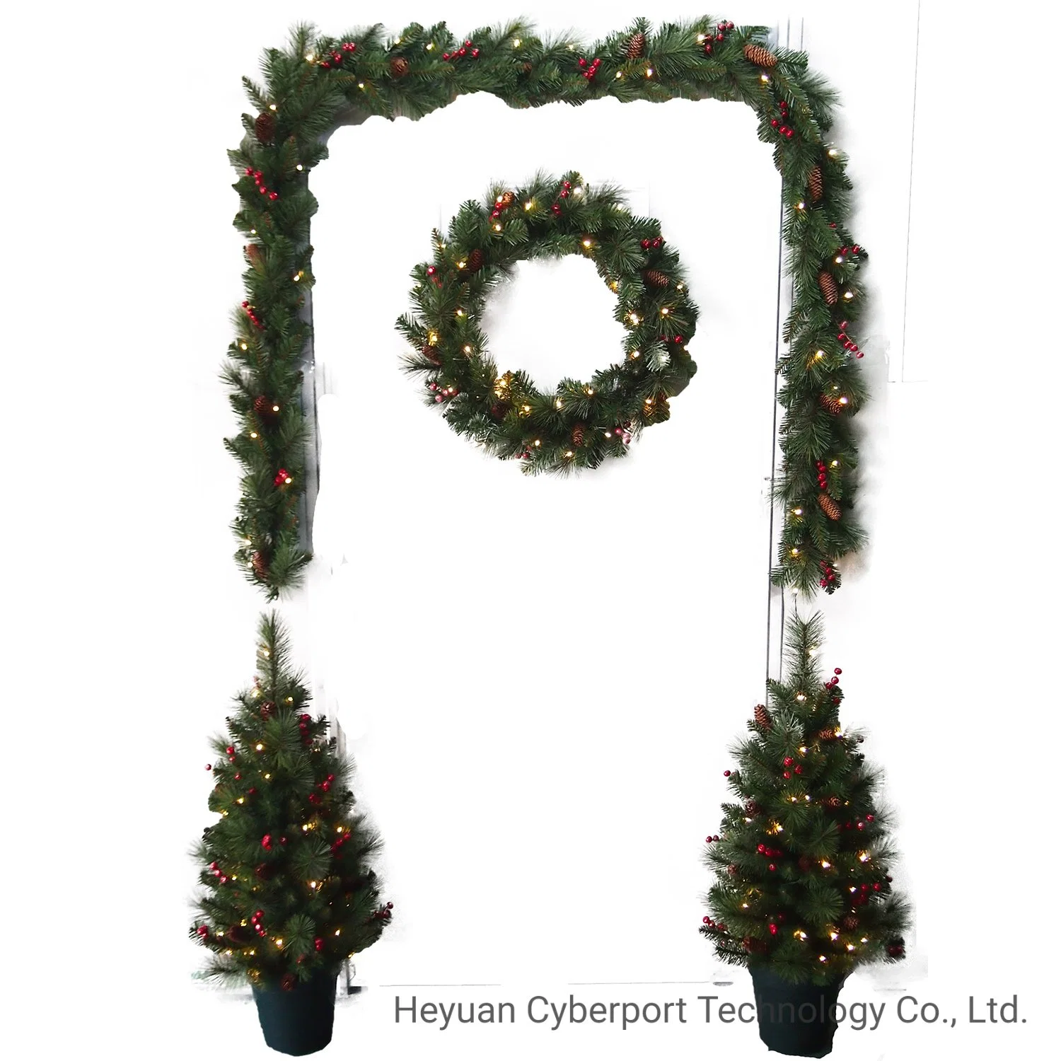 Nouveau style de jeu de Four-Piece artificielle de luxe en PVC blanc porche arbres Pre-Lit 2+1 Garland +1gerbe de fleurs avec feux de Rose pour Noël Décoration maison