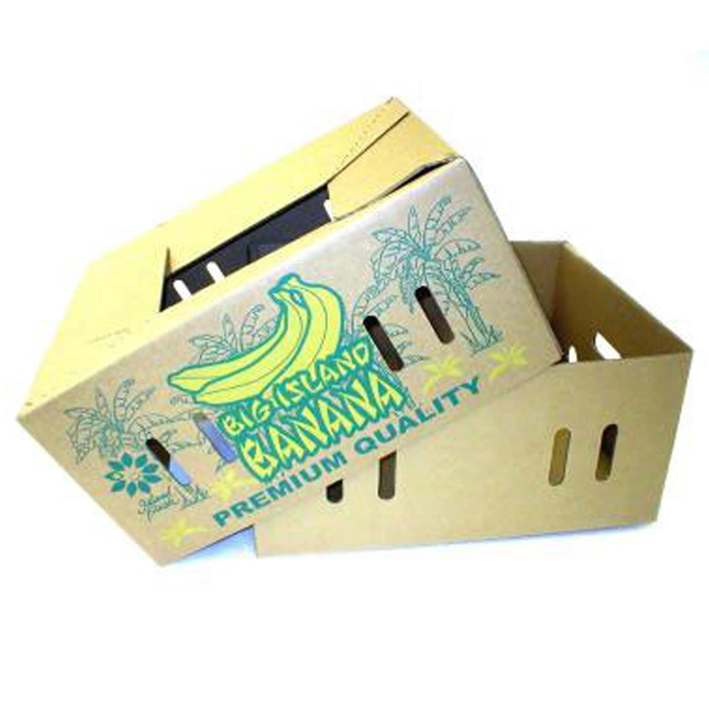 Caixa de transporte de frutas impressa em cores de parede dupla para embalagem de bananas.