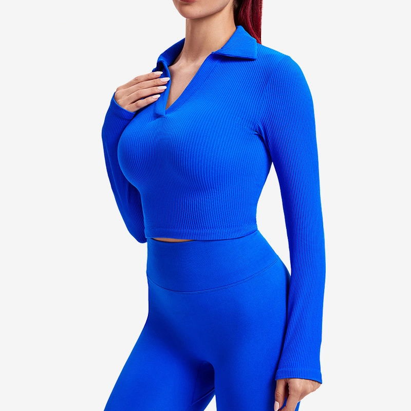 Tz1553 Tenues d'entraînement pour femmes Ensemble de yoga côtelé à manches longues et leggings taille haute pour l'hiver Vêtements de sport.