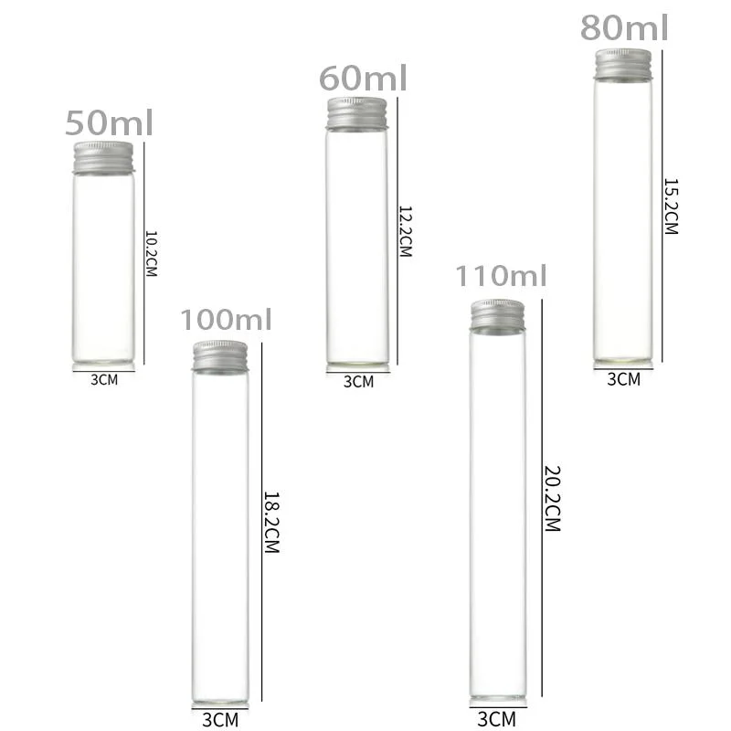 Mini-Glasrohr 5ml 10ml 15ml 20ml 25ml 30ml 50ml 60ml 100ml 120ml Klarglas Aufbewahrungsflasche mit Aluminium Schraubverschluss