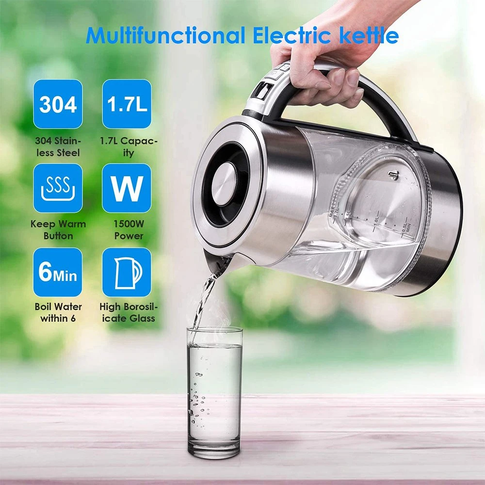 Multifunction Stainless Steel Open Lid Button 1.7 Litre Electric Hot Fast Glass Water Heater Kettle