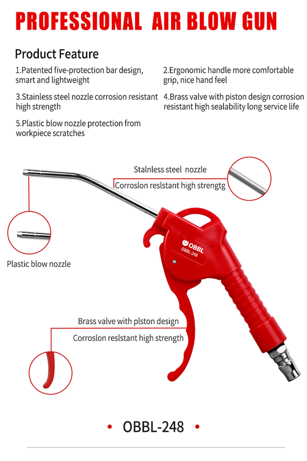 Obbl High Volume Powerful Industrial Air Blow Gun Pneumatic Air Compressor Accessories Dust Cleaning Tool